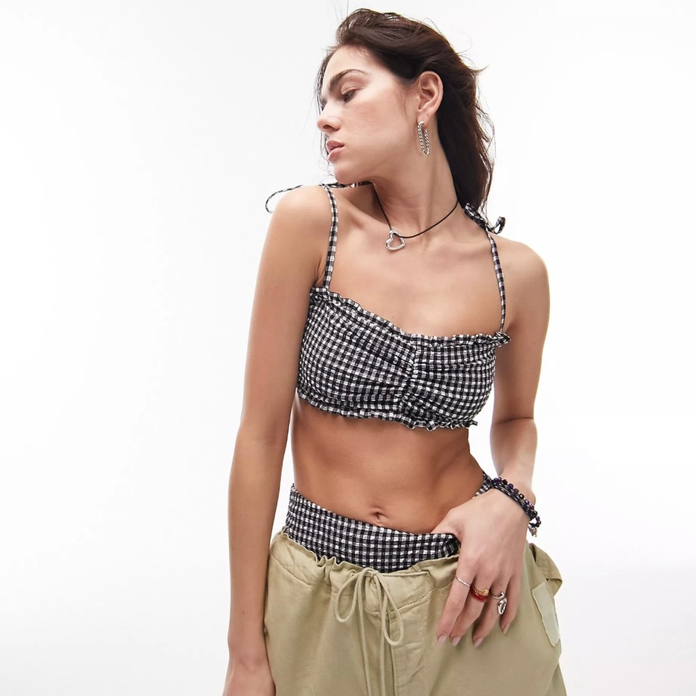 NWT ASOS TOPSHOP 2 PC Bikini Swimsuit Black & White Gingham Frill Women Sz 4
